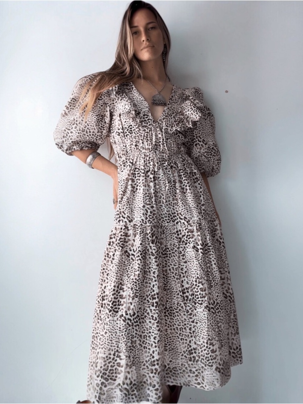 SEA NY Calla Animal Print Puff Sleeve Maxi Dress Size 8